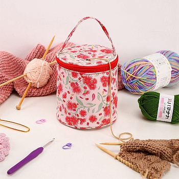 Oxford Zipper Knitting Bucket Bag with Handle, Yarn Storage Organizer, Crochet Hooks & Knitting Needles Bag, Red Spider Lily, 13x14cm