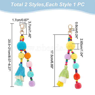 WADORN 2Pcs 2 Colors Colorful Boho Pompom Ball Tassel Polyester Pendant Decorations with Wood Bead for Women(AJEW-WR0001-72)-2