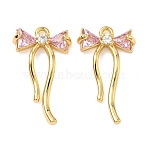 Brass Micro Pave Cubic Zirconia Pendants, Bowknot Charms, Nickel Free, Real 18K Gold Plated, Pearl Pink, 22x12x4mm, Hole: 1.4mm(X-KK-A281-10G-03)