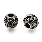 304 Stainless Steel European Beads, Large Hole Beads, Round with Rose, Antique Silver, 10.5x9mm, Hole: 4mm(STAS-D191-19A-AS)