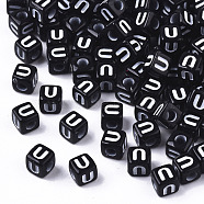 Opaque Acrylic Beads, Horizontal Hole, Alphabet Style, Cube, Black & White, Letter.U, 5x5x5mm, Hole: 2mm, about 5000pcs/500g(SACR-N002-01U)