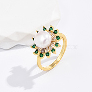 Brass Micro Pave Green Cubic Zirconia Flower Finger Ring, with Imitation Pearl Beads, Real 18K Gold Plated, no size(KF3453-1)
