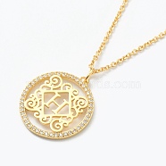 Brass Micro Pave Clear Cubic Zirconia Pendant Necklaces, Flat Round with Letter, Real 18K Gold Plated, Letter.H, 16.14~17.20 inch(41~43.7cm)(NJEW-J059-01H)