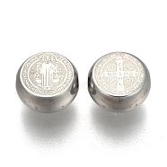 304 Stainless Steel Beads, Flat Round with Saint Benedict Medal, Stainless Steel Color, 11x5mm, Hole: 2mm(STAS-L234-127P)
