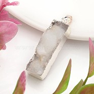 Rectangle Dyed Natural Druzy Agate Pendants, with Brass Findings, Silver Color Plated, 38~41x9~11x8~13mm, Hole: 5mm(G-I139-07S)