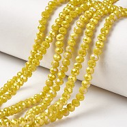 Electroplate Opaque Glass Beads Strands, Full Rainbow Plated, Faceted, Rondelle, Yellow, 4x3mm, Hole: 0.4mm, about 123~127pcs/strand, 16.5~16.9 inch(42~43cm)(EGLA-A034-P4mm-T09)