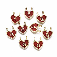 Alloy Enamel Charms, Cadmium Free & Lead Free, Heart with Initial Letters, Light Gold, FireBrick, Letter.G, 14.5x11.5x4.5mm, Hole: 2mm(X-ENAM-T012-02G-RS)