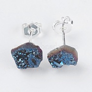 Brass Ear Stud Components, with Natural Druzy Agate, Nuggets, Silver Color Plated, Blue Plated, 6~9x5~8.5x3~7mm, Pin: 0.7mm(EJEW-E222-C-03S)