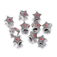 Alloy European Beads, Large Hole Beads, with Rhinestone, Star, Antique Silver, Hyacinth, 11x9mm, Hole: 4.5mm(ALRI-G039-01AS)