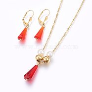 304 Stainless Steel Jewelry Sets, Pendant Necklaces and Earrings, with Glass Bead and Acrylic pearl, Red, 17.72 inch(45cm), 40x8x7.5mm, Pin: 0.8mm(SJEW-H147-06A)