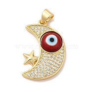 Rack Plating Brass Micro Pave Clear Cubic Zirconia Pendants, with Handmade Evil Eye Lampwork, Cadmium Free & Lead Free, Long-Lasting Real 18K Gold Plated, Moon with Star Charm, FireBrick, 25x16.5x4mm, Hole: 5x3.5mm(LAMP-A153-01G-06)