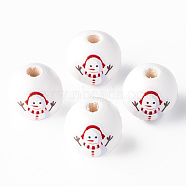 Painted Natural Wood Round Beads, Christmas Style, Snowman, Red, 16x15mm, Hole: 4mm(WOOD-N006-181)