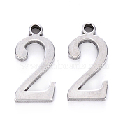 201 Stainless Steel Charms, Number, Laser Cut, Stainless Steel Color, Num.2, 15x7.5x1.5mm, Hole: 1.5mm(X-STAS-R108-02)