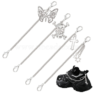 Elite 4Pcs 4 Style Zinc Alloy Shoe Curb Chains, with Pendant and Lobster Claw Clasps, for Shoe Decoration Accessories, Butterfly & Cross & Star & Skull, Platinum, 164~176x3.5mm, 1pc/style(FIND-PH0007-37)