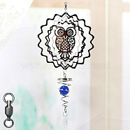 Stainless Steel Wind Chines, Outdoor, Home Hanging Decoration with Royal Blue Glass Beads, Stainless Steel Color, Owl Pattern, 500x145mm(DJEW-PW0002-15D)