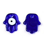 Transparent Handmade Lampwork Pendants, Evil Eye Charms, Religion Hamsa Hand, Blue, 35x29x4.5~5.5mm, Hole: 4mm(LAMP-T011-15-B07)