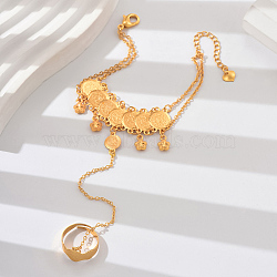 Brass Flower Charm Bracelet with Coin Chains, Adjustable Ring Bracelet, Real 18K Gold Plated, 6-3/4 inch(17cm)(FO4749)