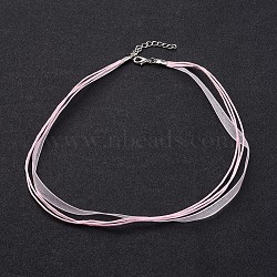 Jewelry Making Necklace Cord, Organza Ribbon & Waxed Cotton Cord & Platinum Color Iron Clasp, Pearl Pink, 430x6mm(FIND-R001-6)