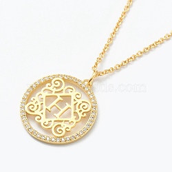 Brass Micro Pave Clear Cubic Zirconia Pendant Necklaces, Flat Round with Letter, Real 18K Gold Plated, Letter.H, 16.14~17.20 inch(41~43.7cm)(NJEW-J059-01H)