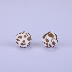 Printed Round with Leopard Print Pattern Silicone Focal Beads, Brown, 15x15mm, Hole: 2mm(SI-JX0056A-102)