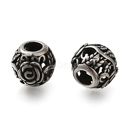 304 Stainless Steel European Beads, Large Hole Beads, Round with Rose, Antique Silver, 10.5x9mm, Hole: 4mm(STAS-D191-19A-AS)