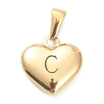 304 Stainless Steel Pendants, Heart with Black Letter, Golden, Letter.C, 16x16x4.5mm, Hole: 7x3mm