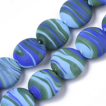 Handmade Frosted Lampwork Beads Strands, Stripe Beads, Flat Round, Royal Blue, 15~16x7.5~8mm, Hole: 1.2mm, about 35pcs/Strand, 19.69 inch~20.08 inch