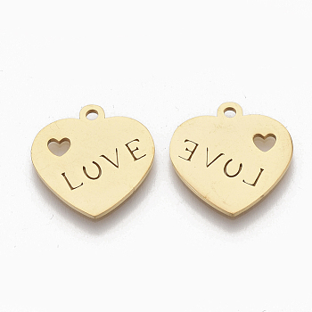 Valentine's Day Theme, 201 Stainless Steel Pendants, Heart with Word LOVE, Golden, 16x16x1mm, Hole: 1.4mm