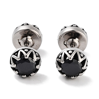 Flat Round 316 Surgical Stainless Steel Pave Black Cubic Zirconia Ear False Plugs for Women Men, Antique Silver, 8.3mm