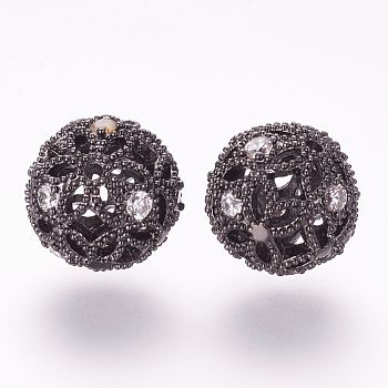 Brass Micro Pave Cubic Zirconia Beads, Round, Hollow, Gunmetal, 10.5mm, Hole: 1.5mm