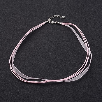 Jewelry Making Necklace Cord, Organza Ribbon & Waxed Cotton Cord & Platinum Color Iron Clasp, Pearl Pink, 430x6mm