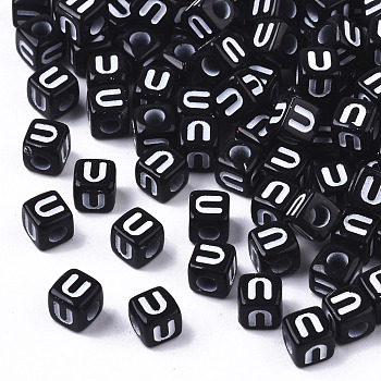 Opaque Acrylic Beads, Horizontal Hole, Alphabet Style, Cube, Black & White, Letter.U, 5x5x5mm, Hole: 2mm, about 5000pcs/500g