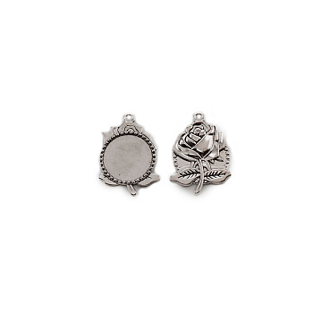 Tibetan Style Zinc Alloy Big Pendant Cabochon Settings, Cadmium Free & Lead Free, Rose, Antique Silver, 54.5x37.5x4mm, Hole: 3.5mm, Tray: 30mm