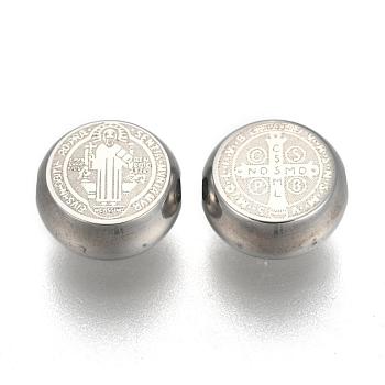 304 Stainless Steel Beads, Flat Round with Saint Benedict Medal, Stainless Steel Color, 11x5mm, Hole: 2mm