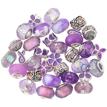 Alloy Rhinestone/Resin European Beads, Rondelle Large Hole Beads, Mixed Shapes, Medium Purple, 6~11.5x6~13.5x7~13.5mm, Hole: 4~6mm, 50pcs/set
