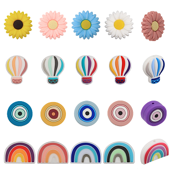 20Pcs 20 Style Silicone Beads, DIY Nursing Necklaces Making, Rainbow/Hot Air Balloon/Flat Round, Mixed Color, 18~30x25~30x9~10mm, Hole: 2~2.5mm, 1pc/style