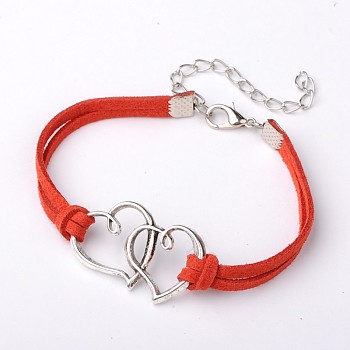 Alloy Double Heart Link Bracelets for Valentine's Day, Faux Suede Cord with Alloy Lobster Claw Clasps and Iron Chains, Antique Silver and Platinum, Red, 185x3mm
