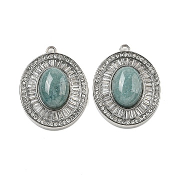 Natural Blue Aventurine Oval Pendants, 304 Stainless Steel Crystal Rhinestone Charms, Stainless Steel Color, 38x29x9mm, Hole: 2.5mm