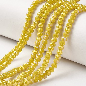 Electroplate Opaque Glass Beads Strands, Full Rainbow Plated, Faceted, Rondelle, Yellow, 4x3mm, Hole: 0.4mm, about 123~127pcs/strand, 16.5~16.9 inch(42~43cm)