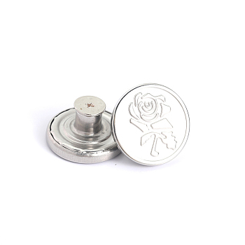 Alloy Button Pins for Jeans, Nautical Buttons, Garment Accessories, Round with Rose, Platinum, 20mm