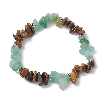 Natural Tiger Eye & Green Aventurine Chip Beaded Stretch Bracelets, Inner Diameter: 2-1/4 inch(5.7cm)