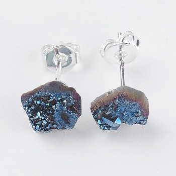 Brass Ear Stud Components, with Natural Druzy Agate, Nuggets, Silver Color Plated, Blue Plated, 6~9x5~8.5x3~7mm, Pin: 0.7mm