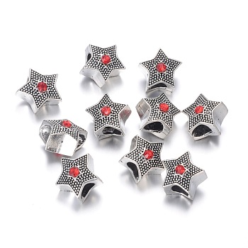 Alloy European Beads, Large Hole Beads, with Rhinestone, Star, Antique Silver, Hyacinth, 11x9mm, Hole: 4.5mm