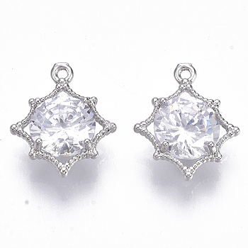 Brass Micro Cubic Zirconia Pendants, Nickel Free, Star, Clear, Real Platinum Plated, 15~16x13~14x5mm, Hole: 1mm