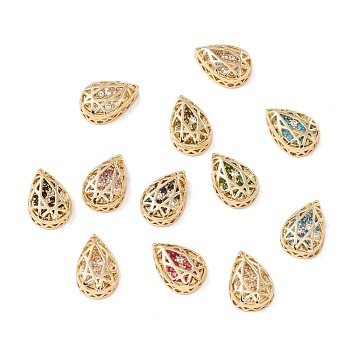 Rack Plating Brass Micro Pave Cubic Zirconia Multi-strand Links, Cadmium Free & Lead Free, Teardrop, Golden, Mixed Color, 14x9.5x5mm, Hole: 1.2mm