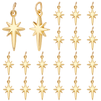 20Pcs Brass Pendants, Star Charms, with Jump Ring, Real 18K Gold Plated, 17.5x9.5x2.5mm