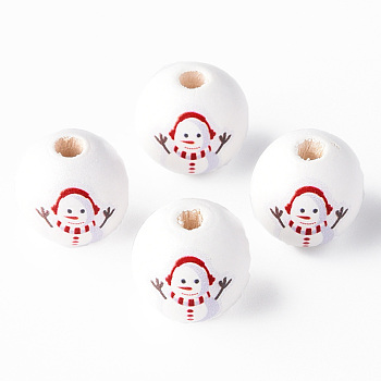 Painted Natural Wood Round Beads, Christmas Style, Snowman, Red, 16x15mm, Hole: 4mm