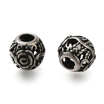 304 Stainless Steel European Beads, Large Hole Beads, Round with Rose, Antique Silver, 10.5x9mm, Hole: 4mm