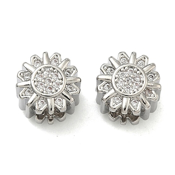 Flower Brass Micro Pave Clear Cubic Zirconia European Beads, Cadmium Free & Lead Free, Rack Plating, Long-Lasting Plated, Platinum, 10.5x8.5mm, Hole: 5mm