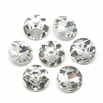 Pointed Back Glass Rhinestone Cabochons, Back Plated, Faceted, Flat Round, Clear, 16x7.2mm